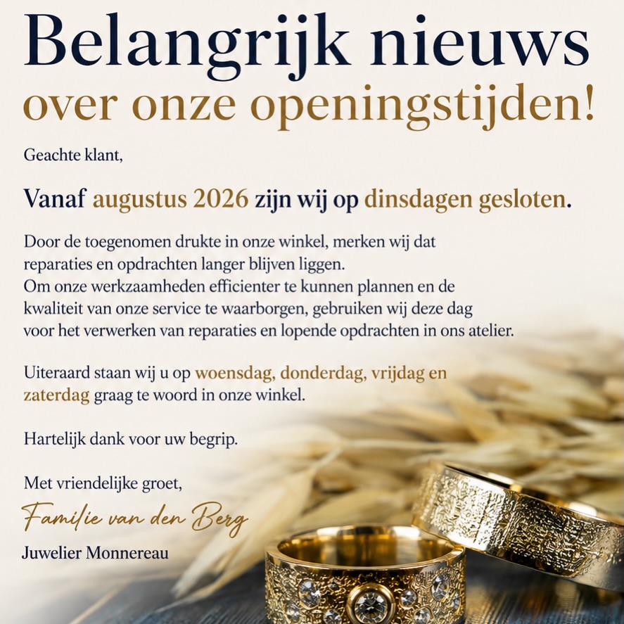 Geachte klant, Vanaf augustus 2026 zijn wij op dinsdagen gesloten.  Door de toegenomen drukte in onze winkel, merken wij dat reparaties en opdrachten langer blijven liggen.Om onze werkzaamheden efficienter te kunnen plannen en de kwaliteit van onze service te waarborgen, gebruiken wij deze dag voor het verwerken van reparaties en lopende opdrachten in ons atelier.  Uiteraard staan wij u op woensdag, donderdag, vrijdag en zaterdag graag te woord in onze winkel. Hartelijk dank voor uw begrip. Met vriendelijke groet,Familie van den BergJuwelier Monnereau